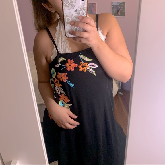 Free People Embroidered Floral Shift Mini Dress Black - Picture 2 of 12